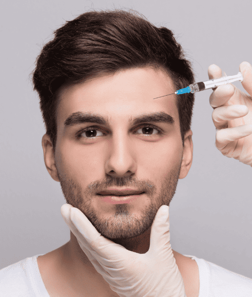 men undergoing beauty spa botulinum neurotoxin Botox treatment for anti-aging, to smooth wrinkles as a cometic solution. Injecting forehead to relax muscles with a non-invasive procedure | Adam J Cohen, MD in Glenview & Chicago, IL