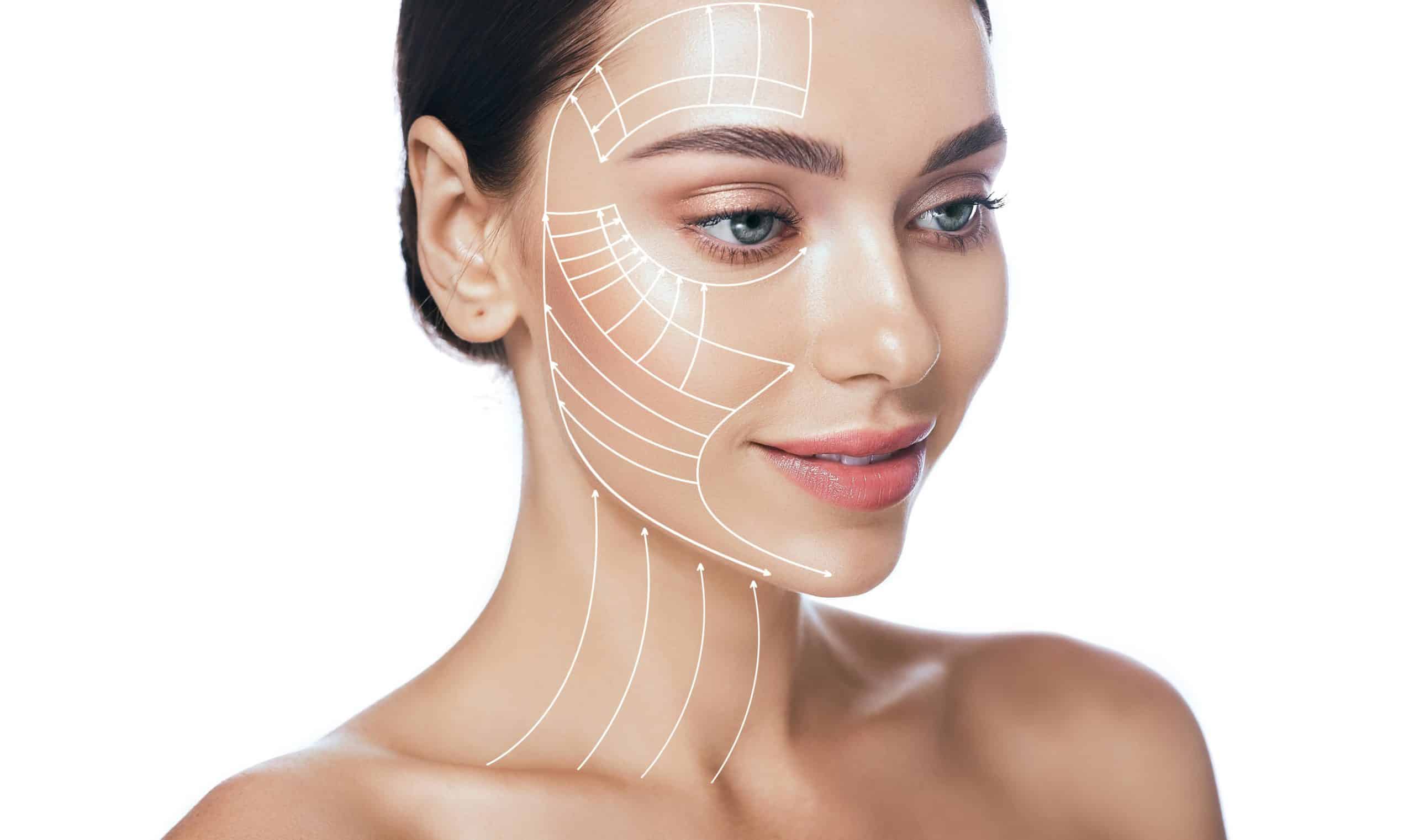 Lifting lines, advertising of face contour correction, female face skin lifting. Facial rejuvenation concept, cosmetology | Adam J Cohen, MD in Glenview & Chicago, IL