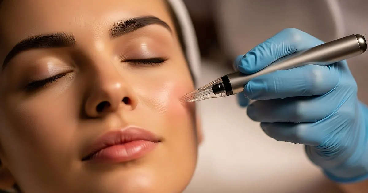 Close-up of a client receiving Micropen (microneedling) treatment on the cheek by a gloved hand for skin rejuvenation and collagen induction.